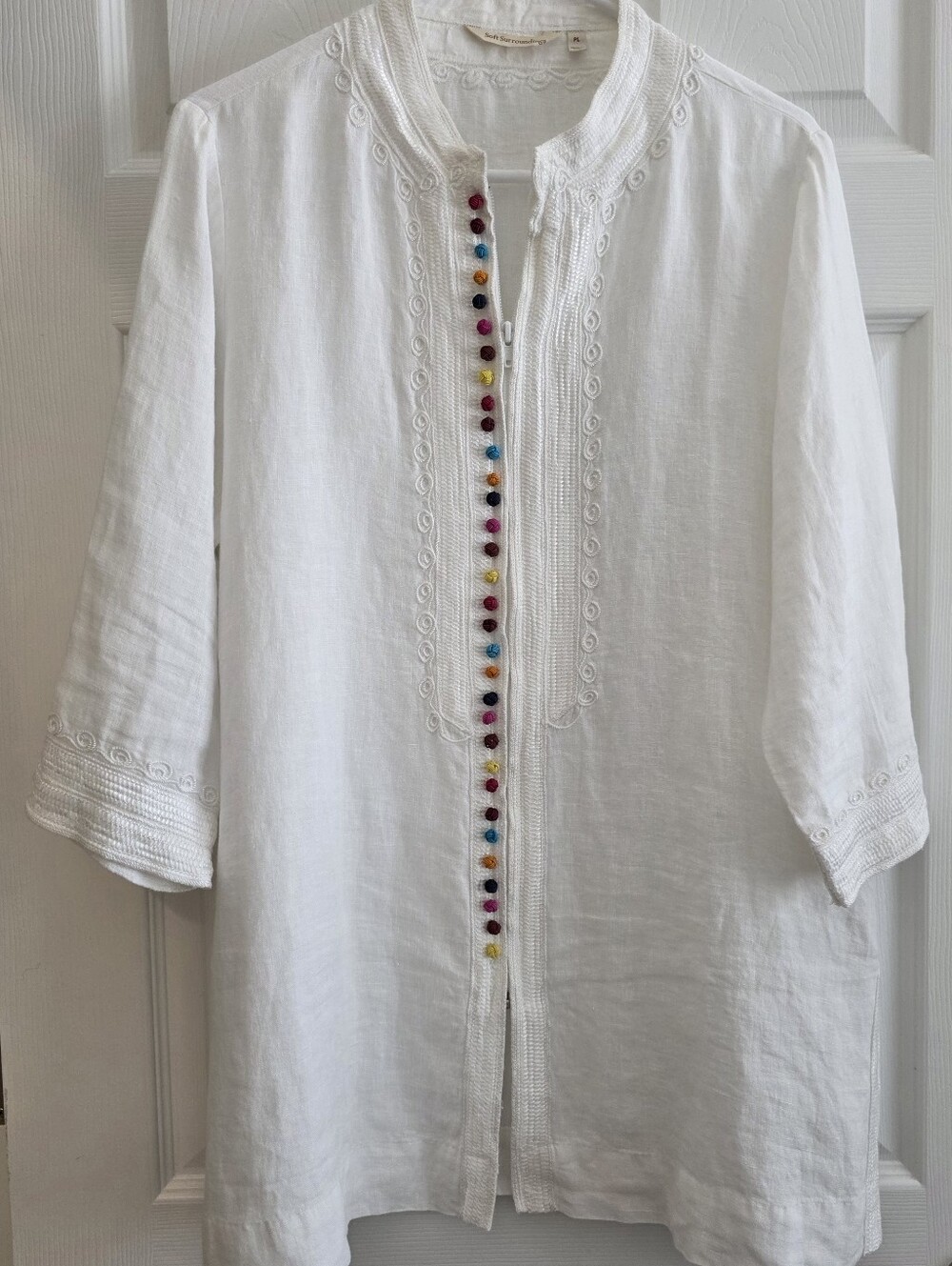 Soft Surrounding P Lg Linen Tunic Top White Embroidered Zipper Colorful Knot